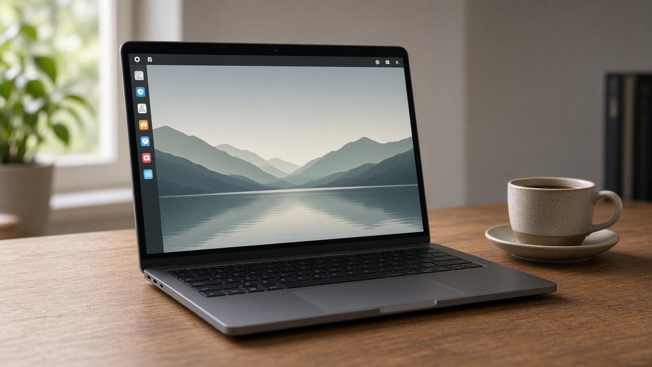 Laptop on a desk running a Linux desktop environment