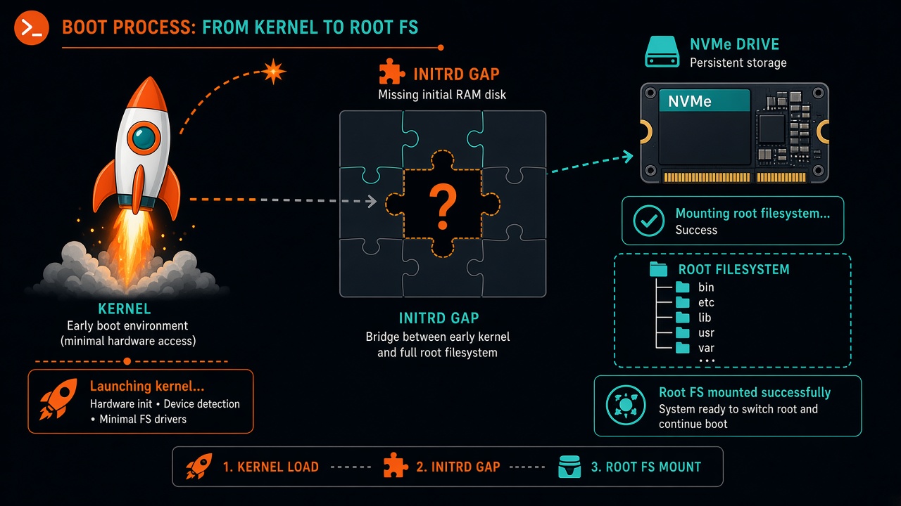 Diagram showing the initrd gap between Ubuntu kernel load and root filesystem mount