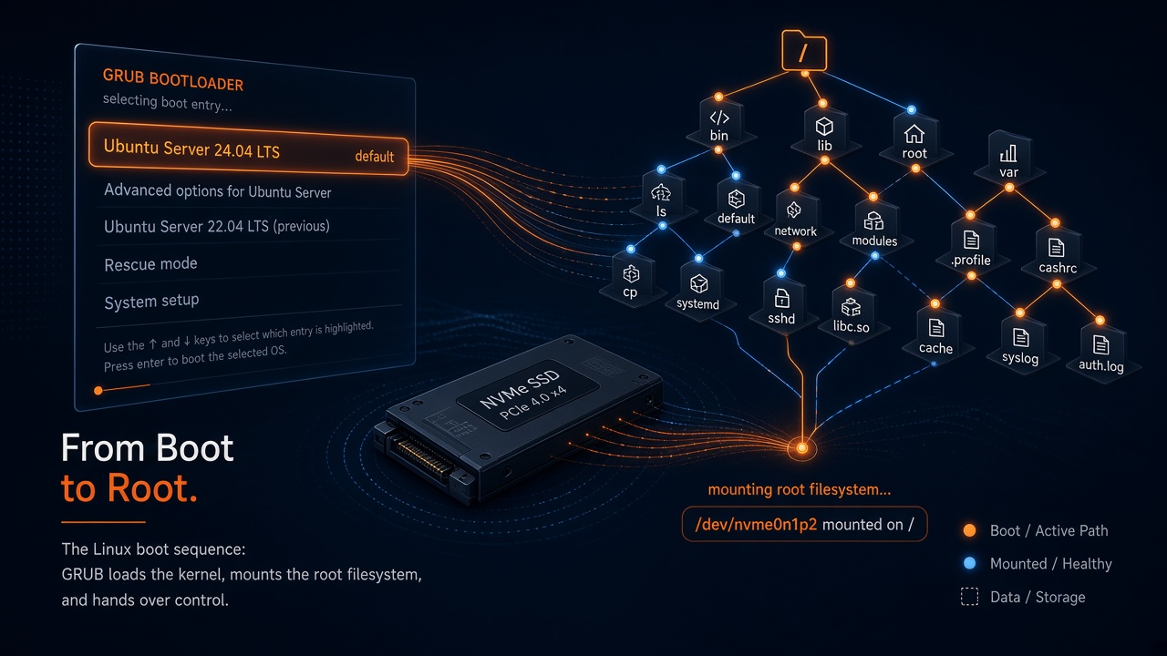 Illustration of the Ubuntu boot path from GRUB to a mounted NVMe root filesystem
